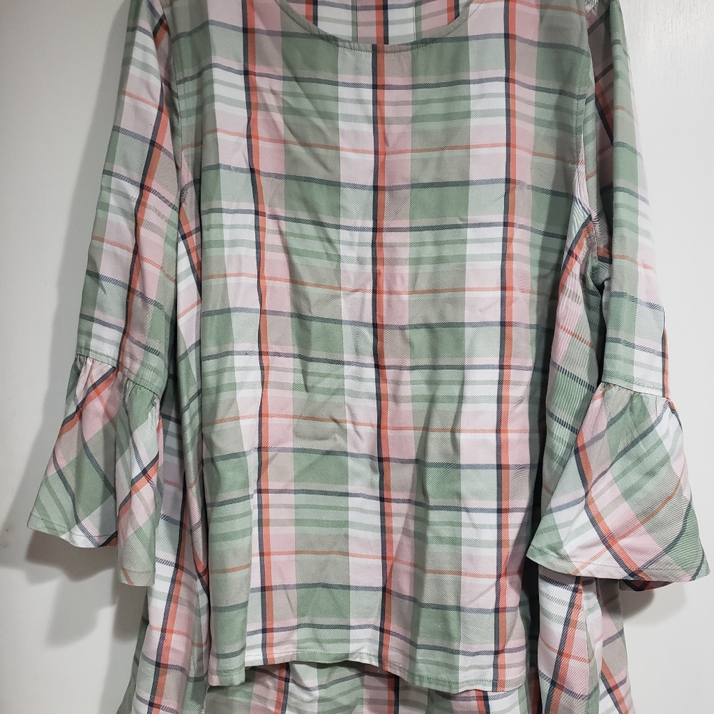 Plaid blouse soft summer green and pink